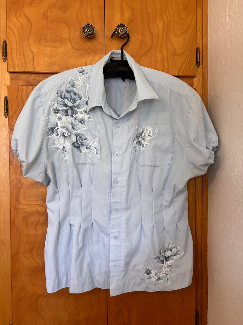 OOAK Hand Upcycled North End Transit Uniform Shirt Floral Appliqué XL